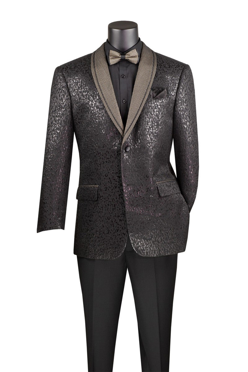 Close-up of a luxurious Vinci black regular fit jacket, highlighting its distinctive dotted lapel and bow tie.