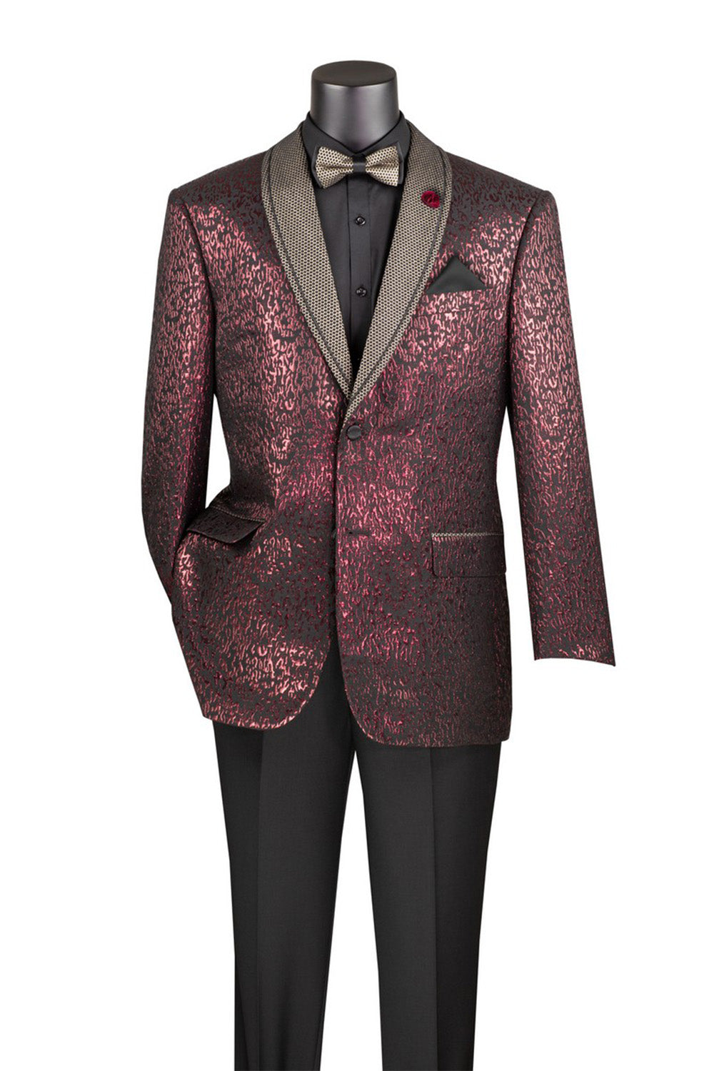 Detail shot: Vinci premium burgundy regular fit jacket's unique dotted lapel and matching bow tie.