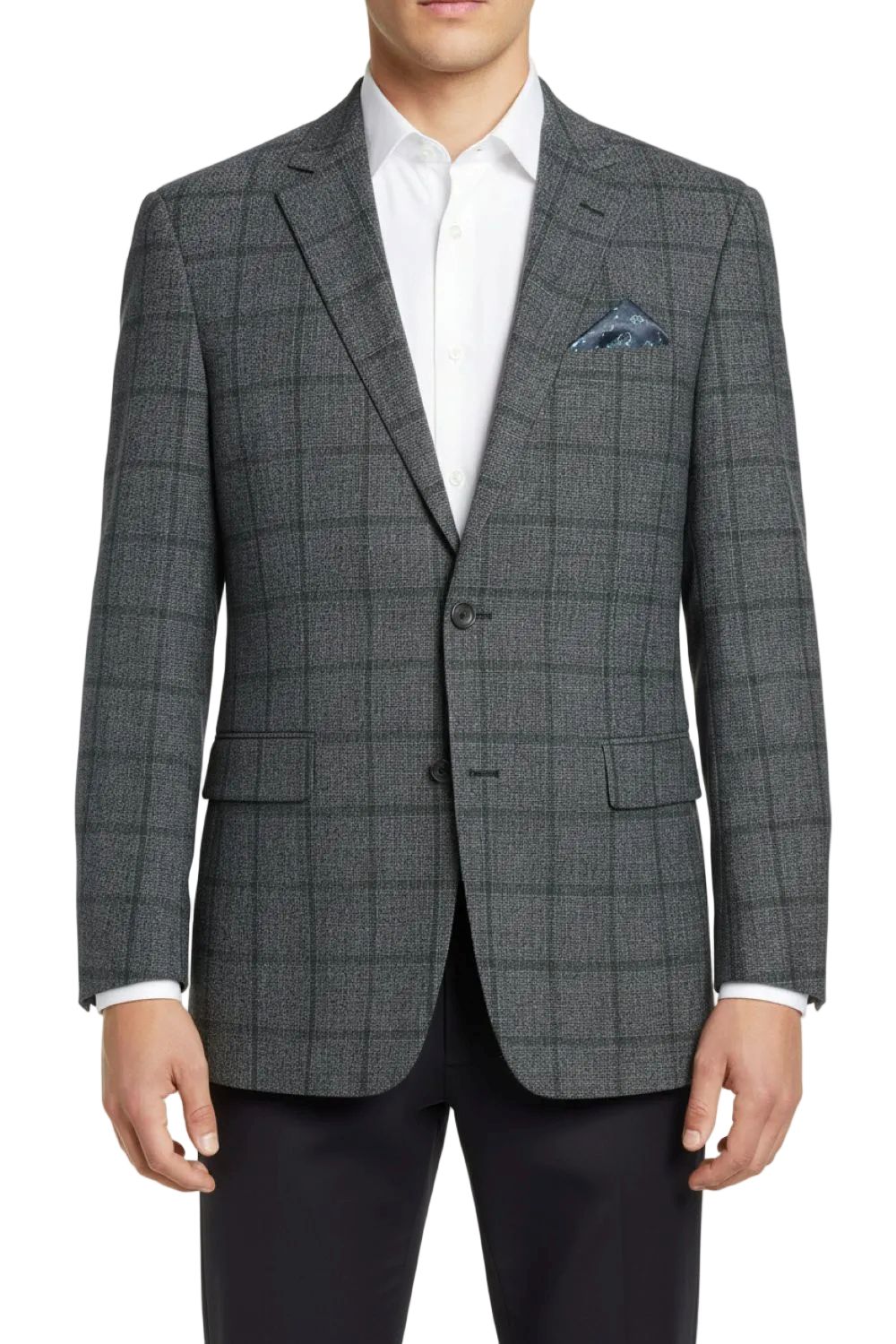 Gray checkered suit jacket with a white shirt and black pants on a white background