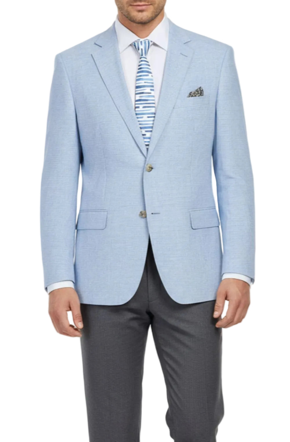 Light blue blazer with gray pants on a white background