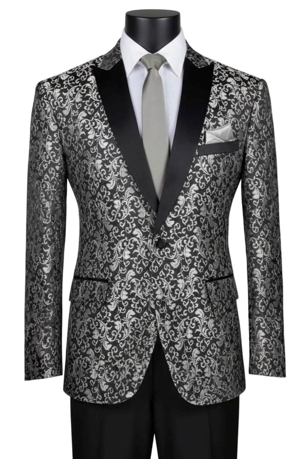 Silver Regular Fit Floral Pattern Jacket Peak Lapel