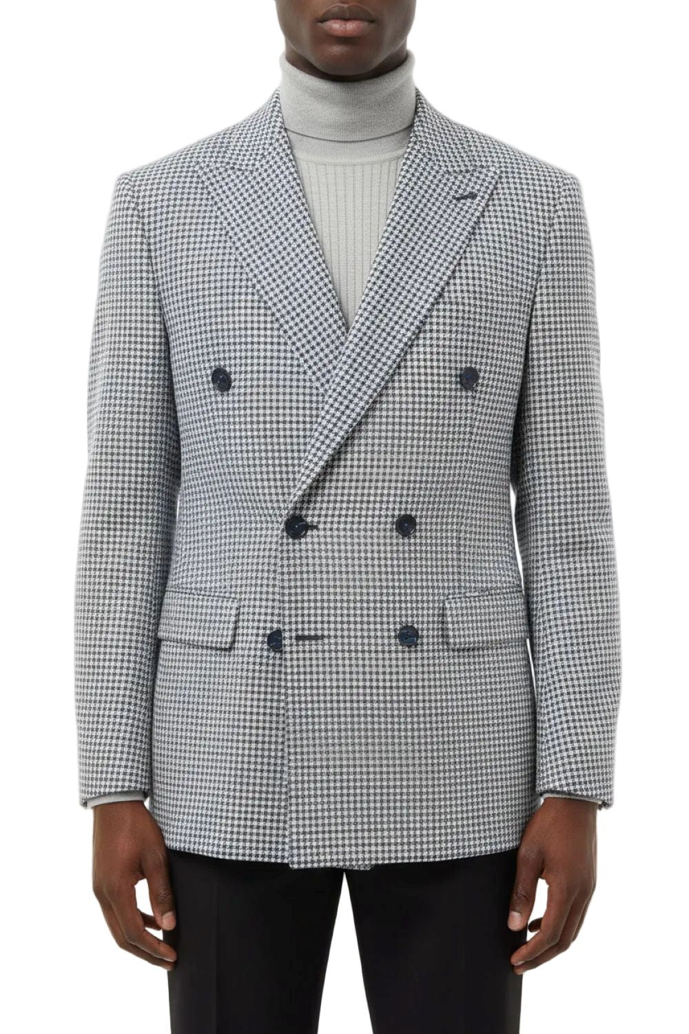 Blue Houndstooth Hybrid Fit Double Breasted Jacket