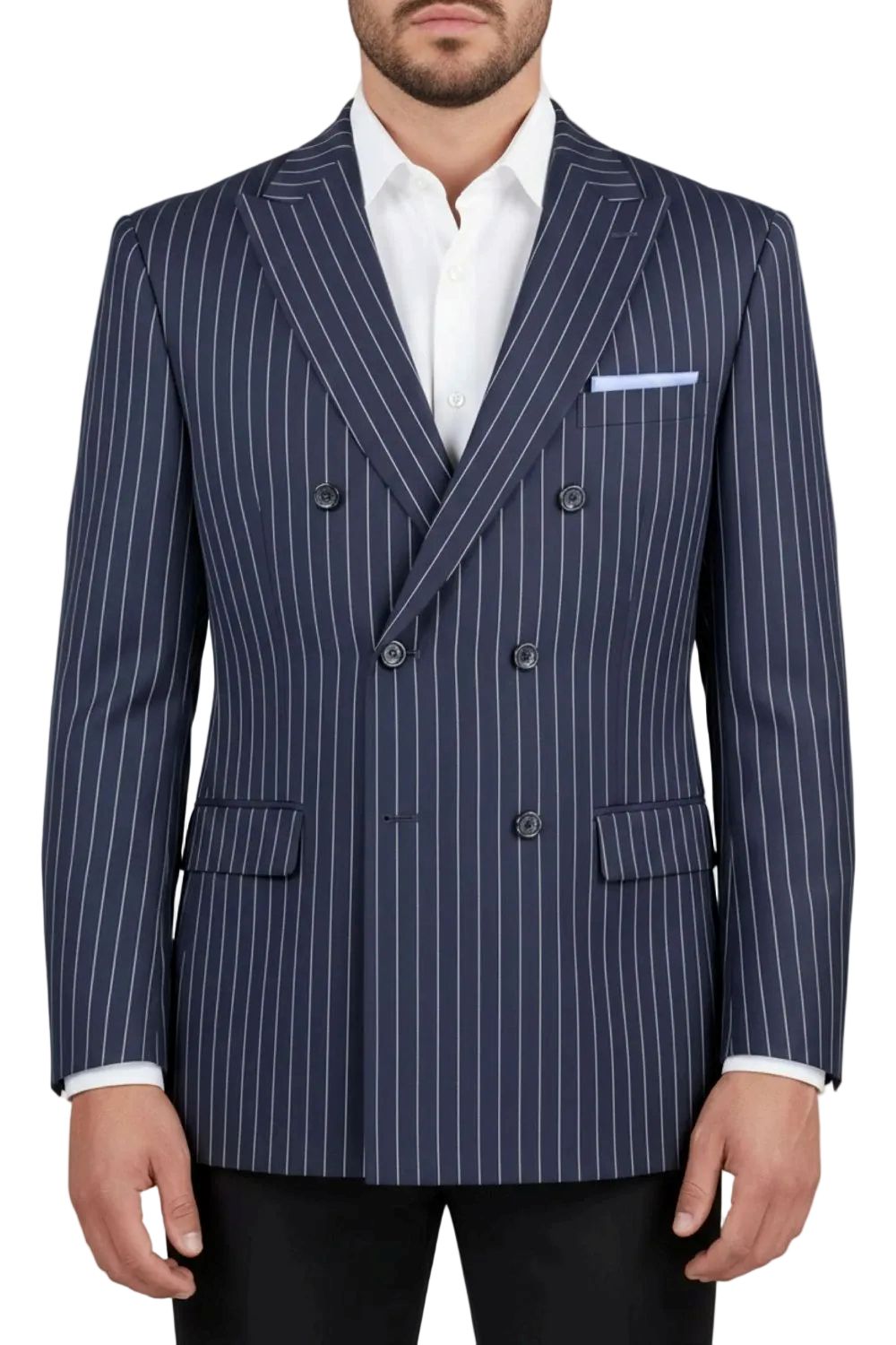 Navy pinstripe suit jacket worn by a person on a white background