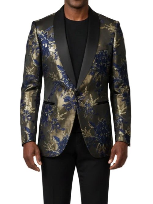 Blue floral men's slim fit sports coat with black shawl lapels