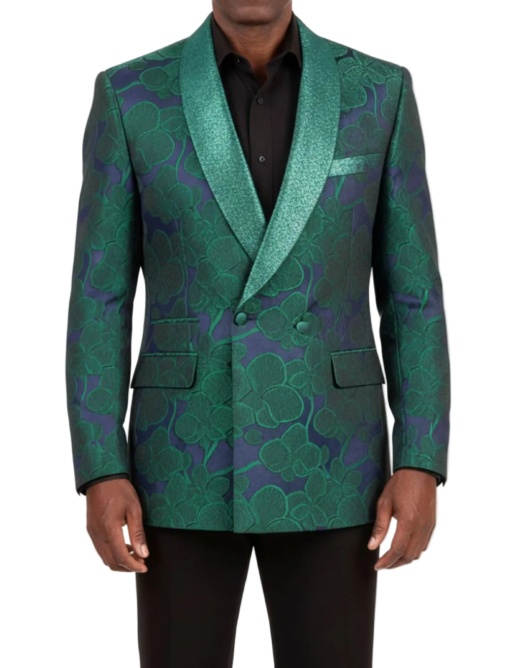Green patterned blazer worn by a person on a white background