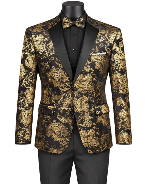Black Modern Fit Velvet Jacket Metallic Design