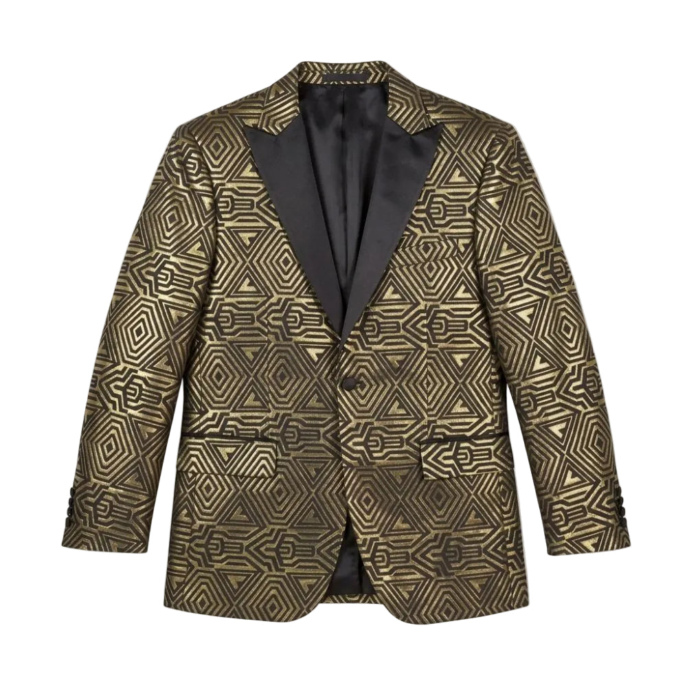 A men's single-breasted blazer with a geometric gold and black jacquard pattern, featuring black satin lapels and a black button closure, shown against a plain white background.