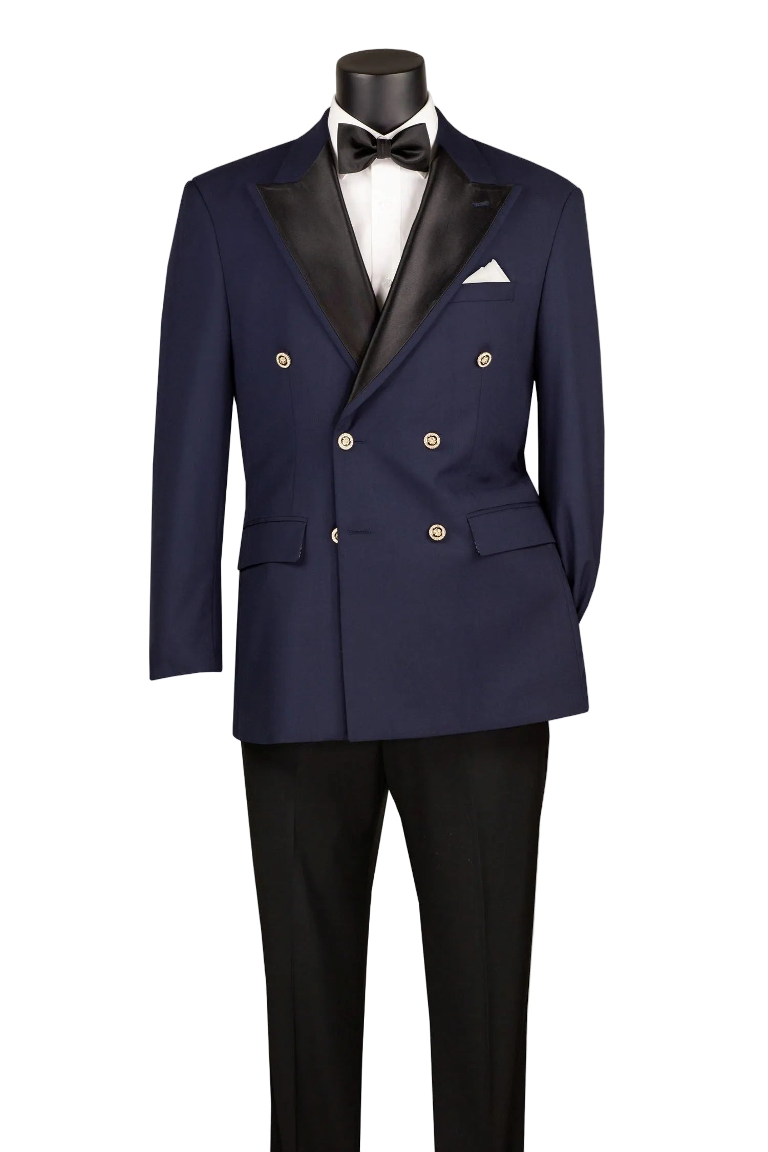 Navy blue tuxedo with black lapels on a mannequin against a white background