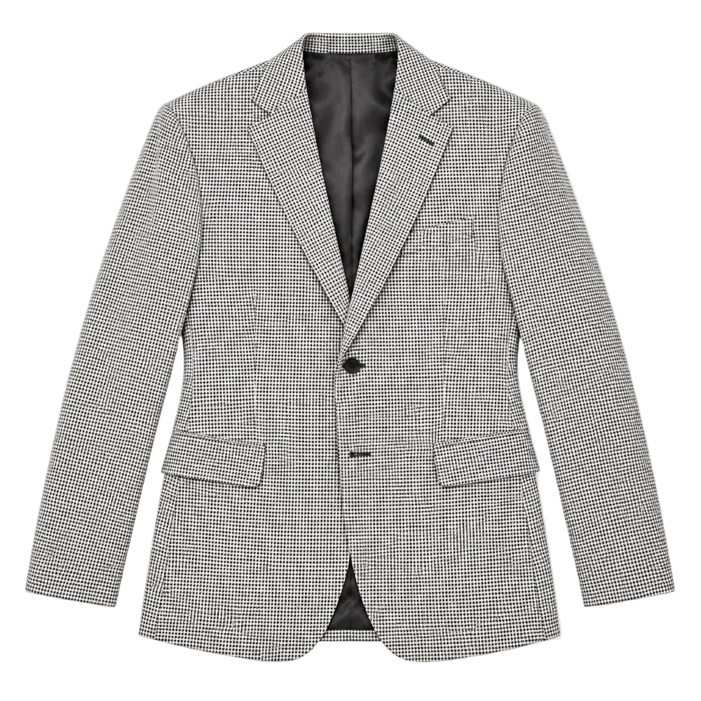 A men's single-breasted blazer in a small-scale black and white micro-houndstooth pattern, shown flat against a solid white background.