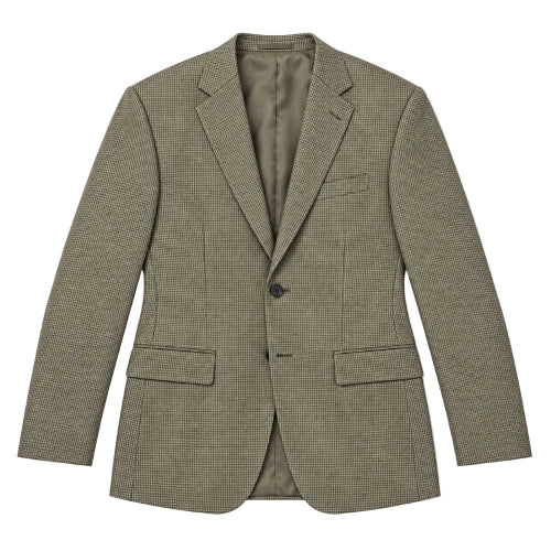 A men's single-breasted blazer in a fine micro-check pattern of olive green and brown, displayed flat against a solid white background.