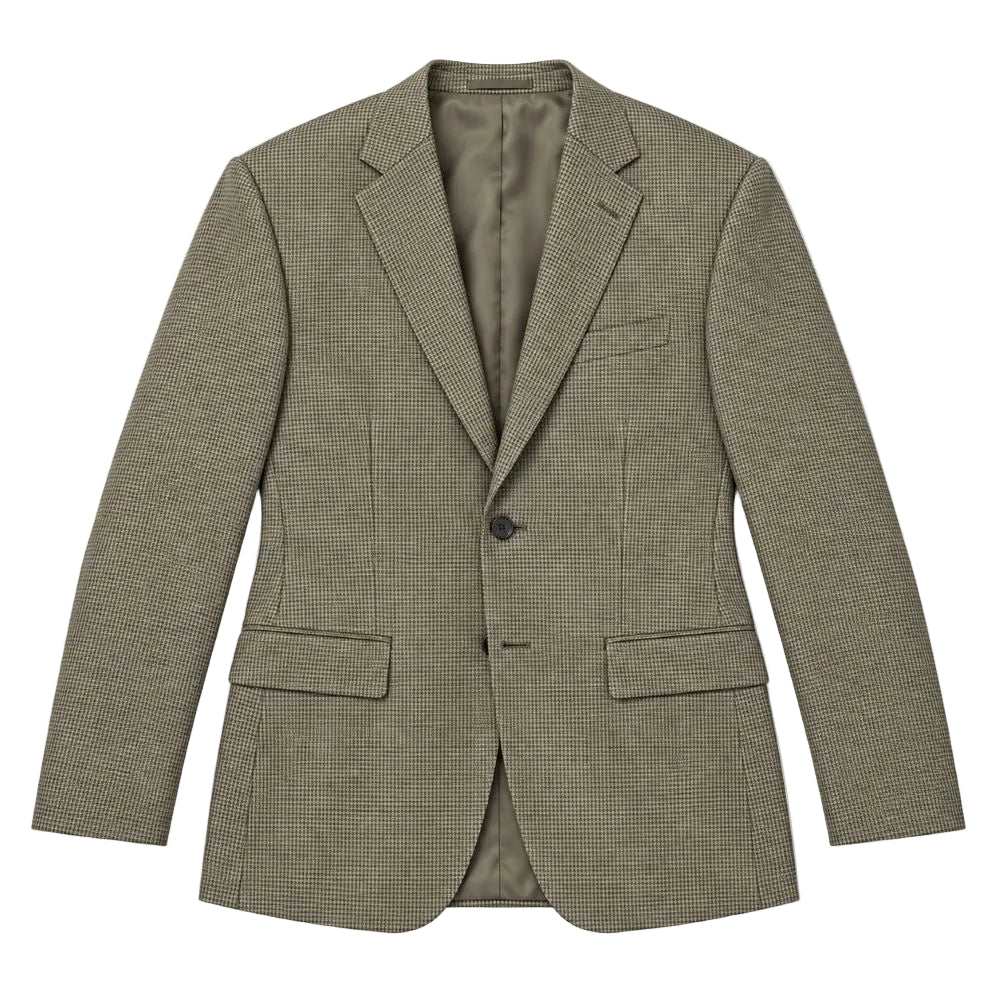 A men's single-breasted blazer in a fine micro-check pattern of olive green and brown, displayed flat against a solid white background.
