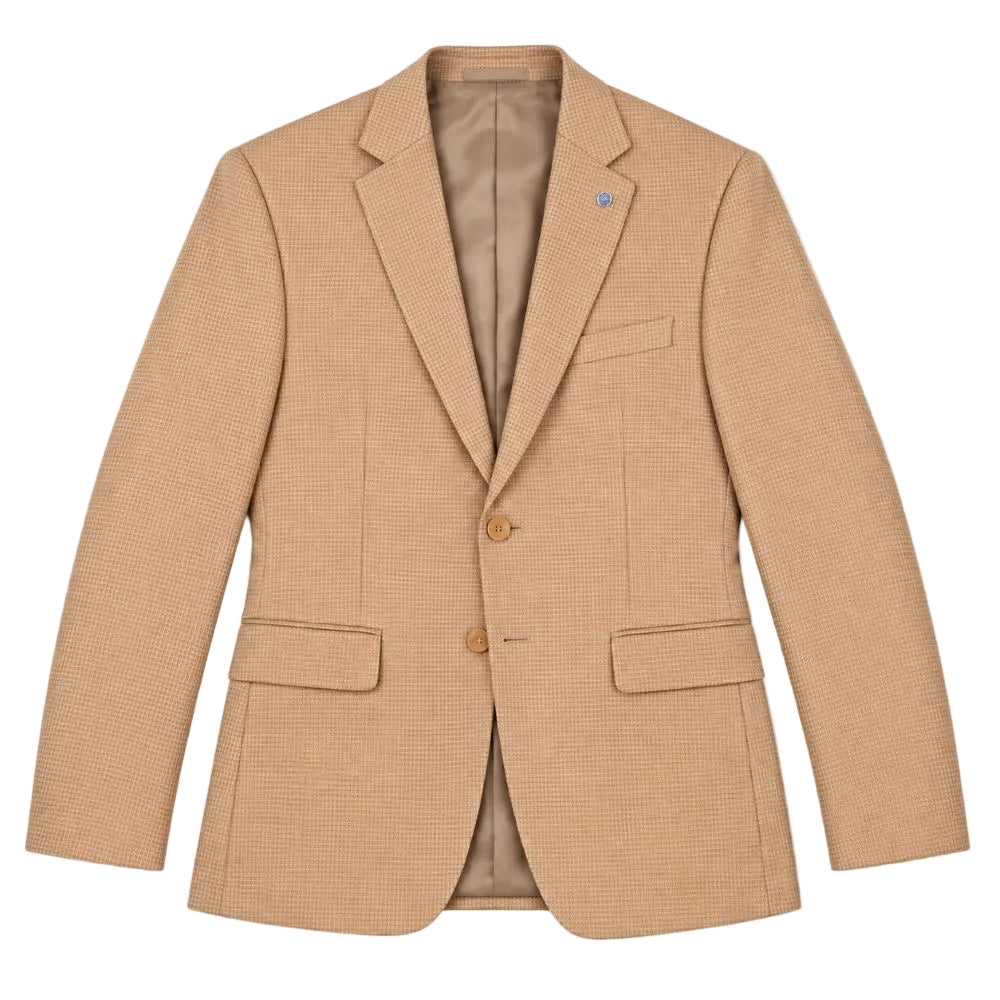 A tan textured blazer with a fine micro-pattern, featuring notch lapels, two brown buttons, and flap pockets, displayed flat against a white background.