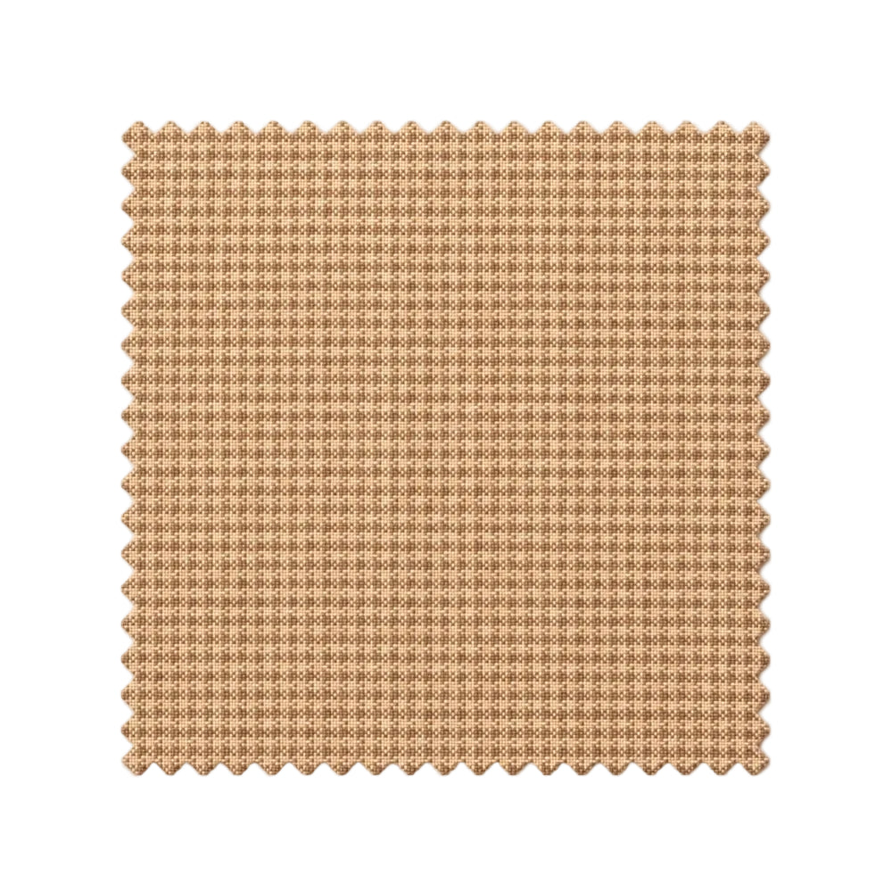 A square fabric swatch with a fine houndstooth pattern in tan and brown, featuring zigzag-cut edges, shown on a plain white background.
