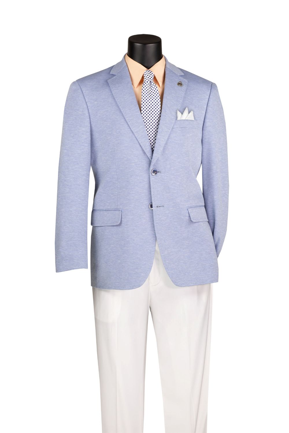 Light blue blazer with white pants on a mannequin against a white background