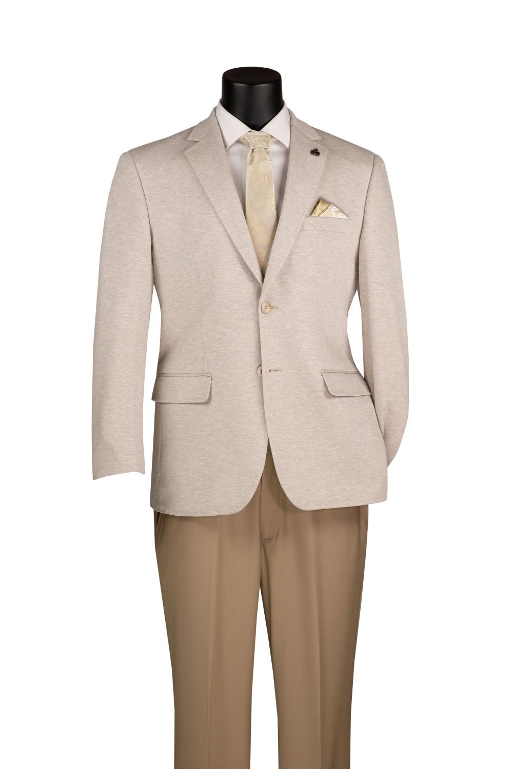 Beige suit on a mannequin with a white background