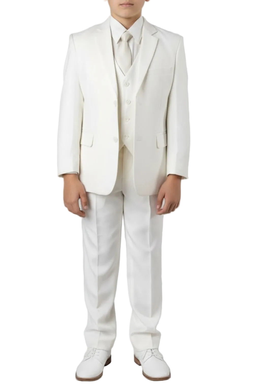 Boy wearing an off-white suit on a plain background
