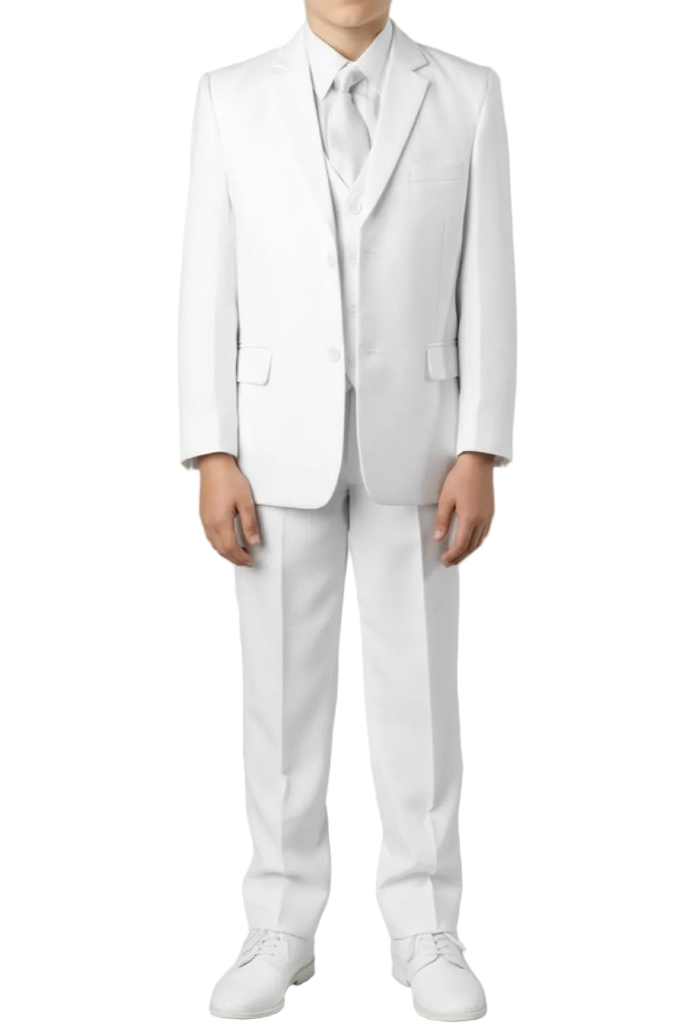 Person wearing a white suit on a plain background