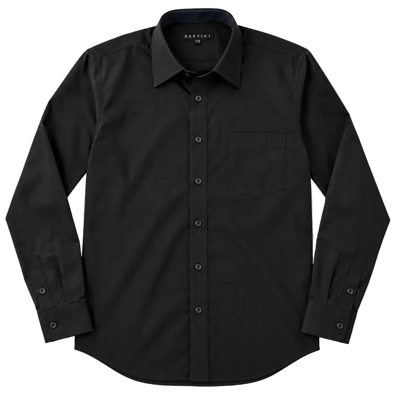 A black long-sleeve button-down shirt with a single chest pocket, laid flat against a white background. The brand name 'BARZINI' is visible on the inner neck label.