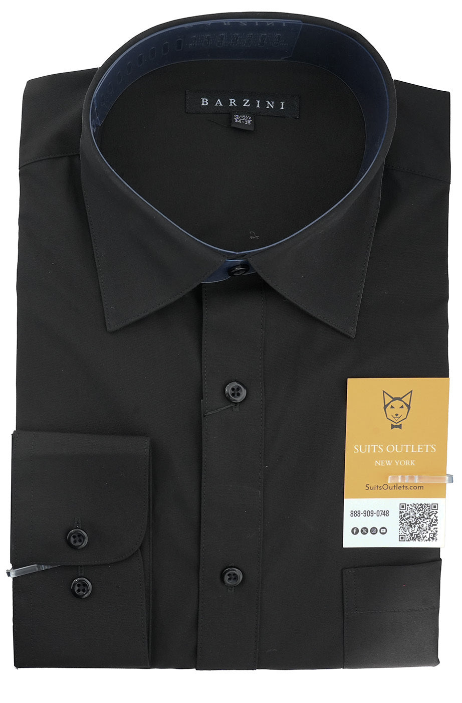 Solid black Barzini Modern Fit Dress Shirt Convertible Cuff, featuring collar, front buttons, and a chest pocket.