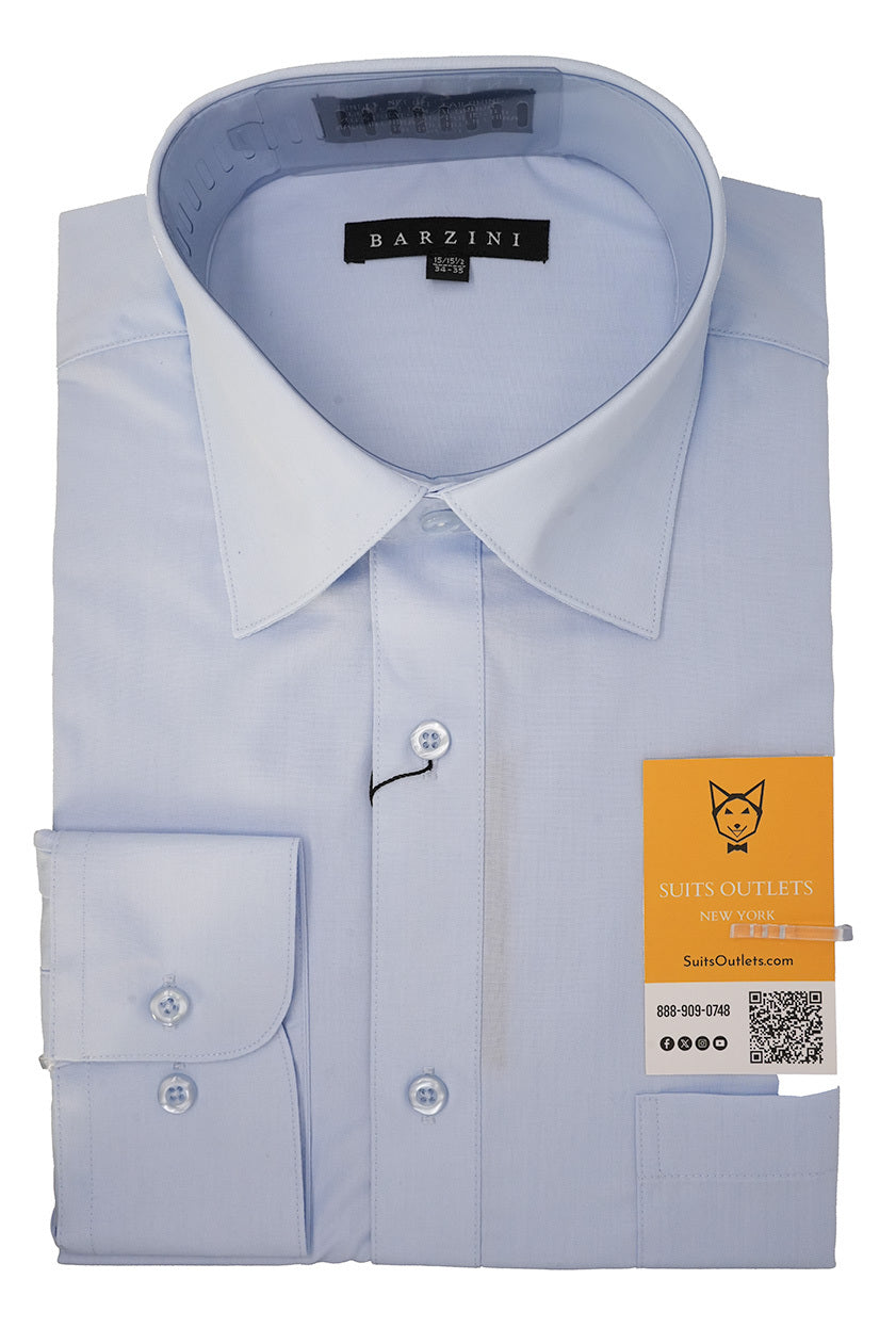A solid Barzini men's Modern Fit Dress Shirt Convertible Cuff in Light Blue, showing its collar and buttons.