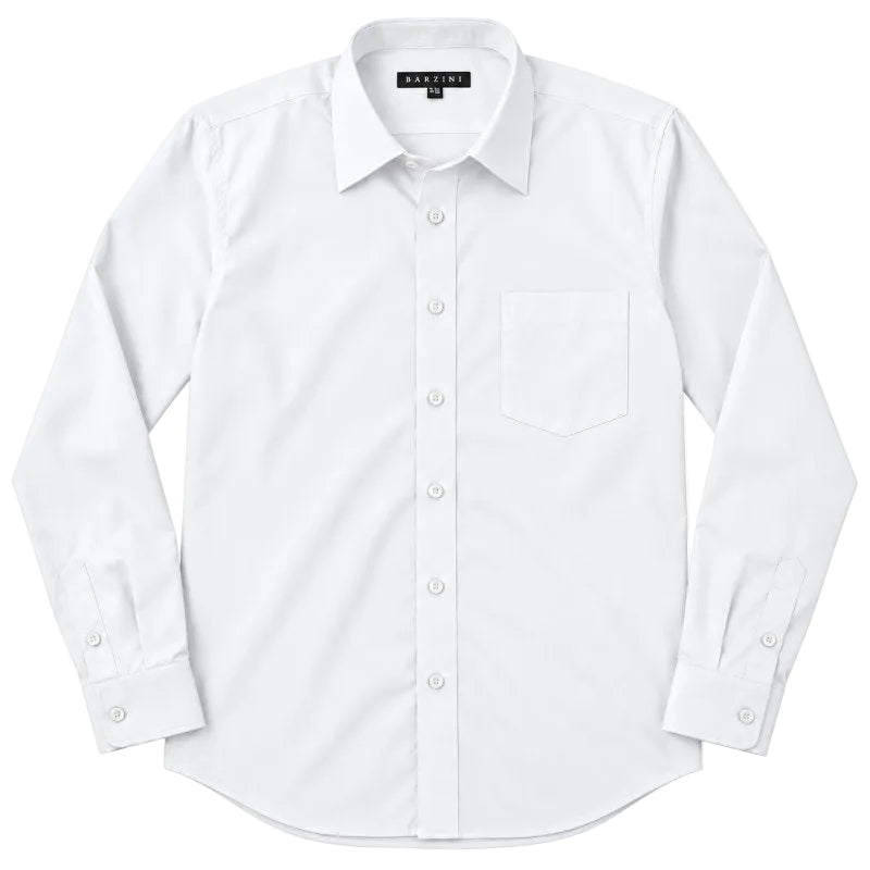 A white long-sleeve button-down dress shirt with a single chest pocket, laid flat against a white background. The brand name 'BARZINI' is visible on the inner neck label.