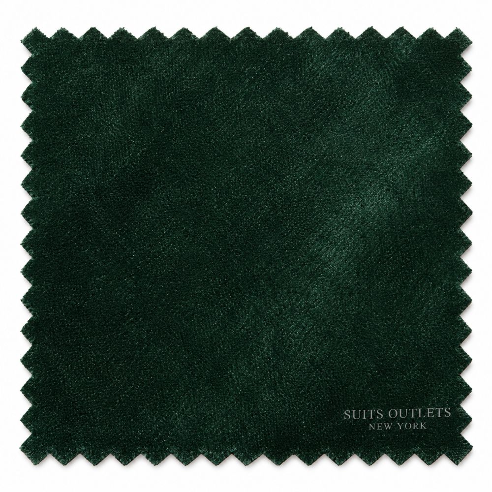 A square fabric swatch of dark forest green velvet with serrated zigzag edges, featuring the text 'SUITS OUTLETS NEW YORK' in the bottom right corner, set against a plain white background.