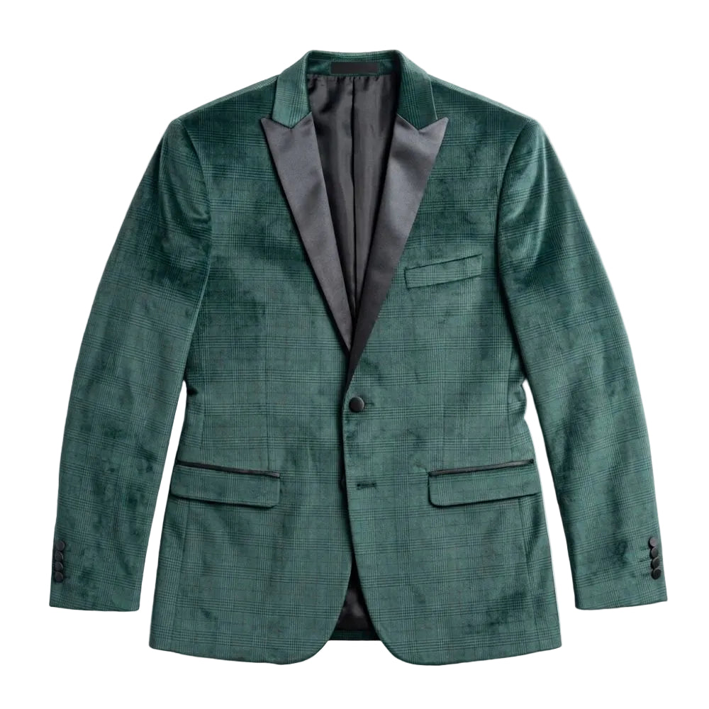 A green velvet blazer with dark gray satin lapels, shown flat against a white background.