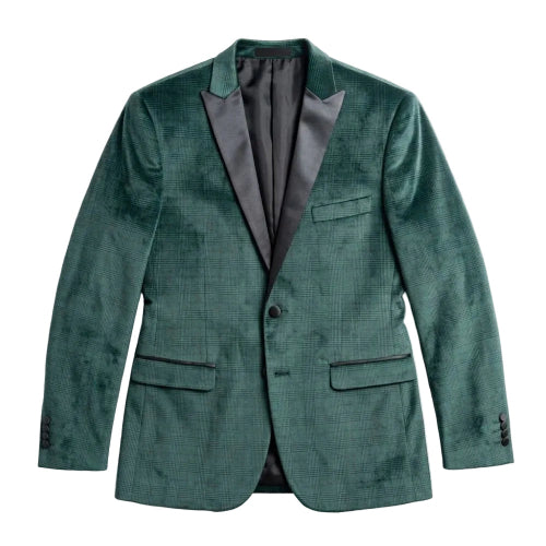 A green velvet blazer with dark gray satin lapels, shown flat against a white background.