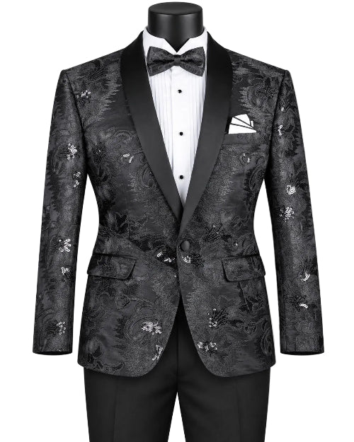 Black Embroidery Slim Fit Jacket Shawl Lapel