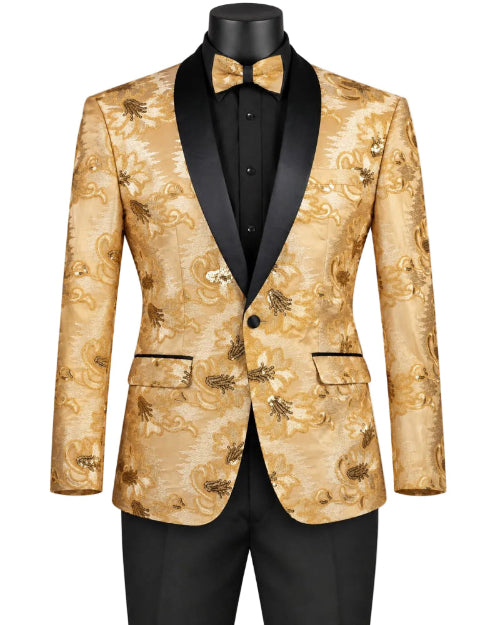 Champagne Embroidery Slim Fit Jacket Shawl Lapel