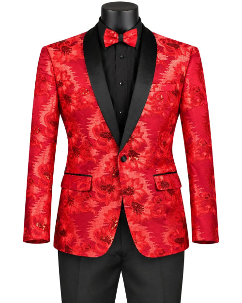 Red Embroidery Slim Fit Jacket Shawl Lapel
