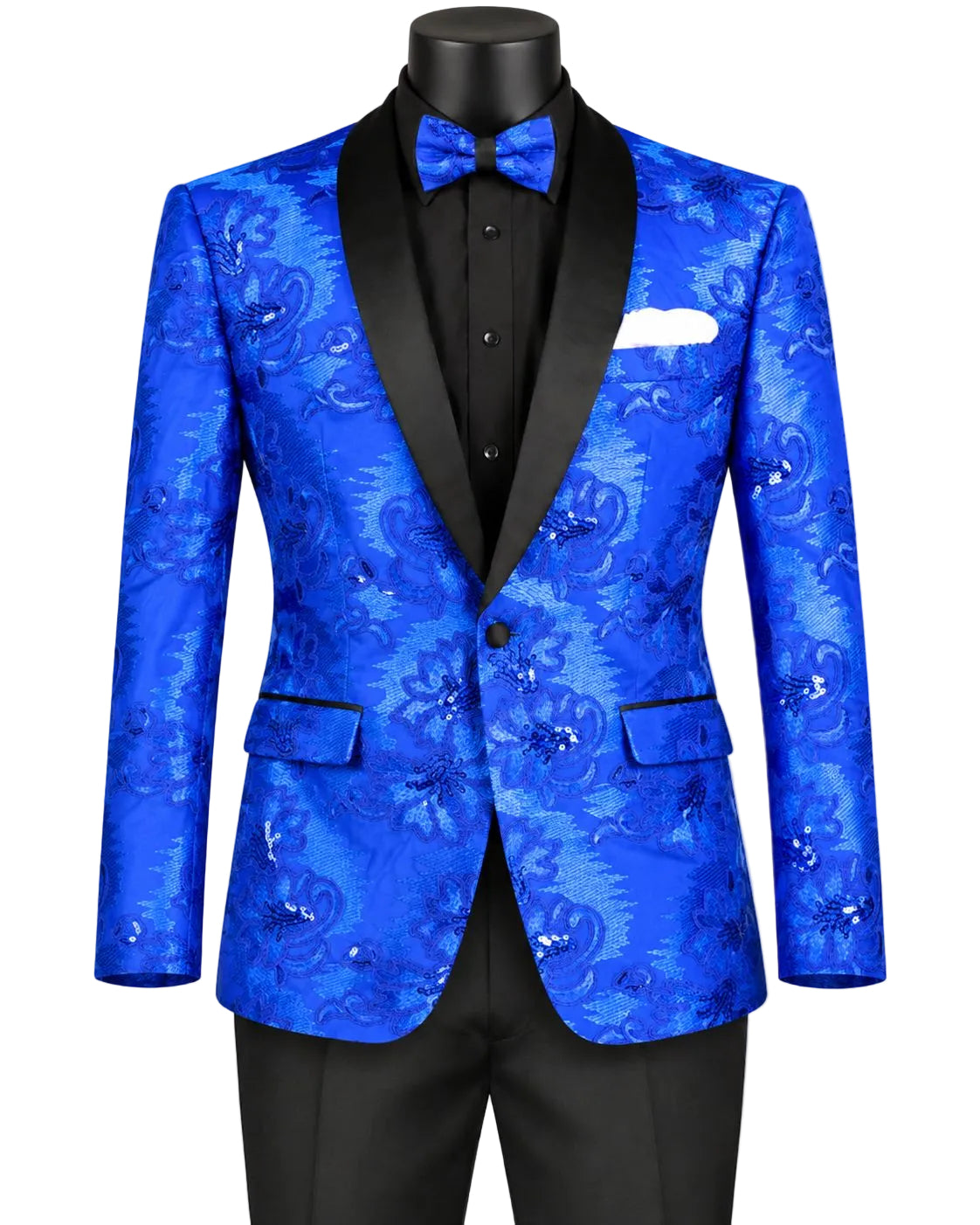 Royal Blue Embroidery Slim Fit Jacket Shawl Lapel
