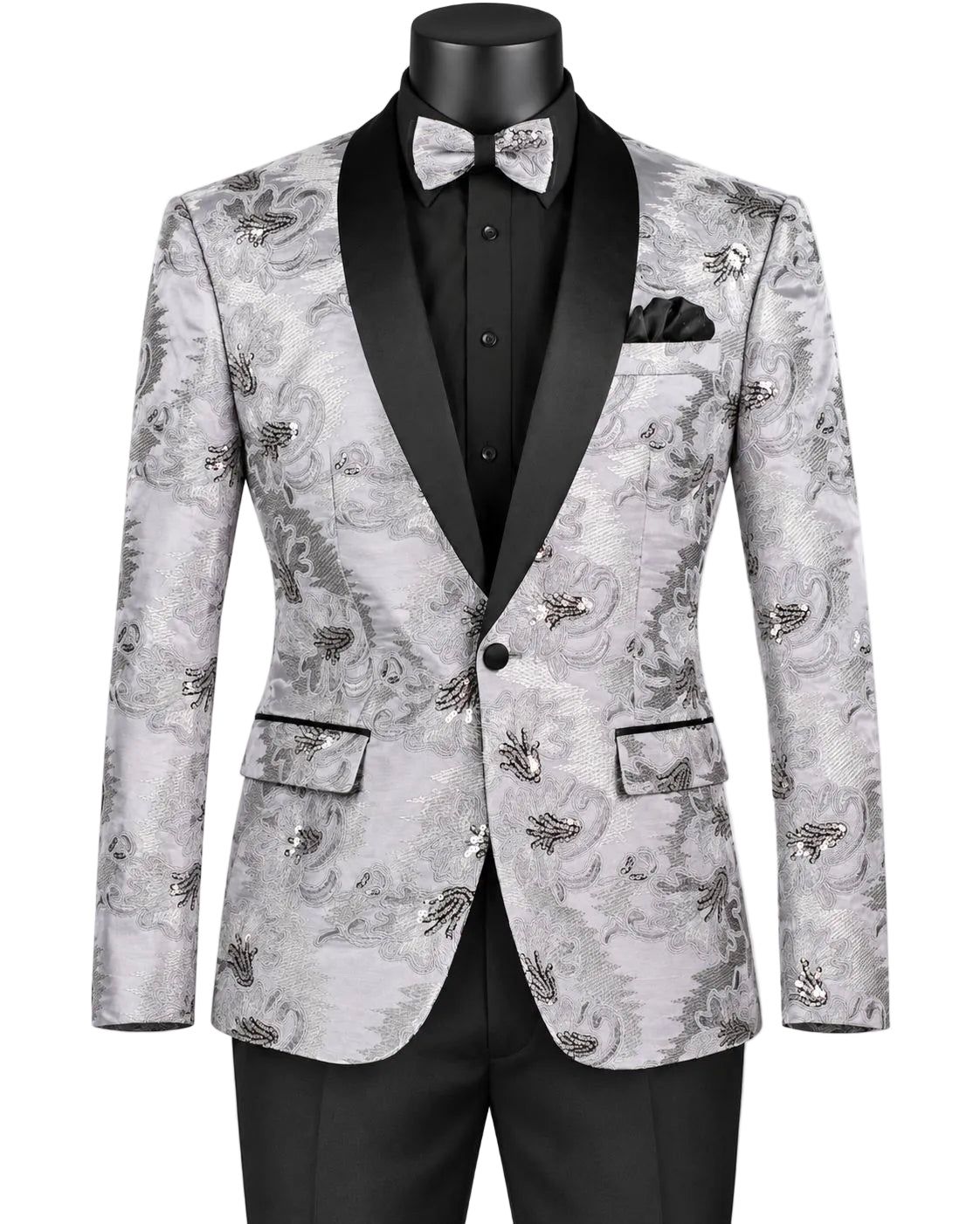 Silver Embroidery Slim Fit Jacket Shawl Lapel