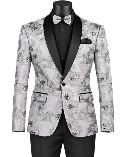 Silver Embroidery Slim Fit Jacket Shawl Lapel