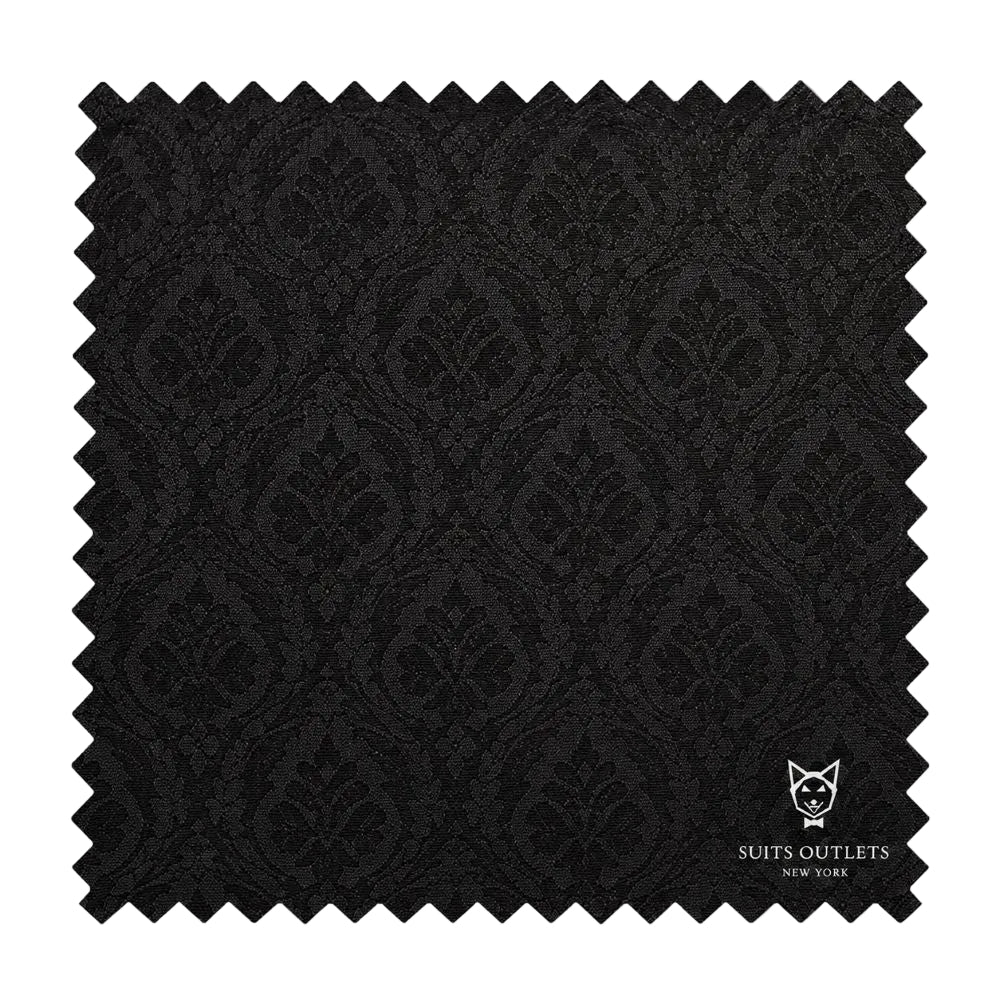 A square black fabric swatch with serrated zigzag edges, featuring a subtle dark damask pattern. The Suits Outlets New York logo is printed in white in the bottom right corner.
