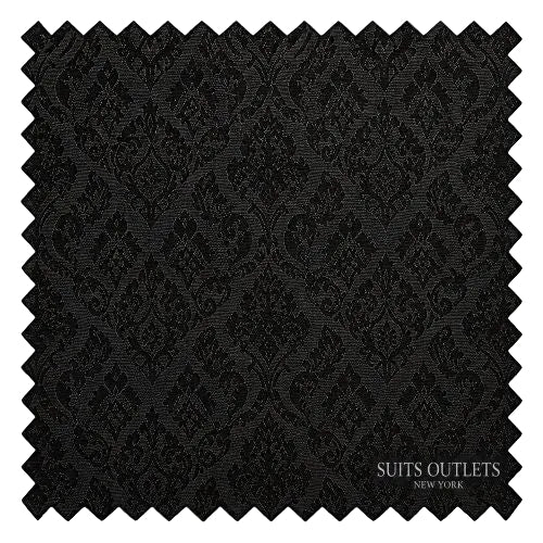 A square black fabric swatch with a serrated zigzag border, featuring a subtle dark damask pattern and a small white 'Suits Outlets New York' logo in the bottom right corner, set against a plain white background.