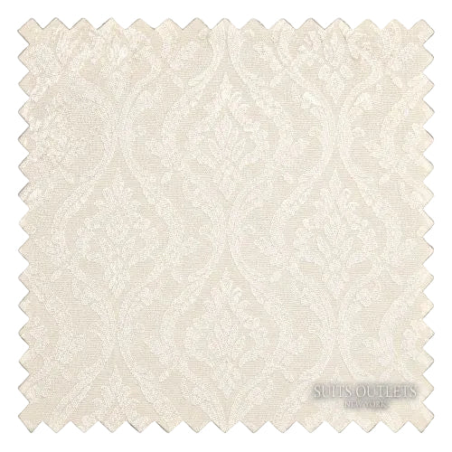 A square fabric swatch with a scalloped zigzag border, showing a light beige and off-white damask pattern on a checkerboard background.