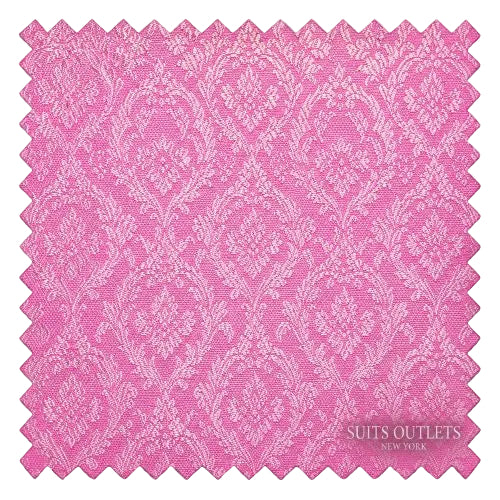A square fabric swatch with scalloped edges showing a pink and white damask pattern, set against a transparent checkered background with a 'Suits Outlets New York' watermark in the lower right.