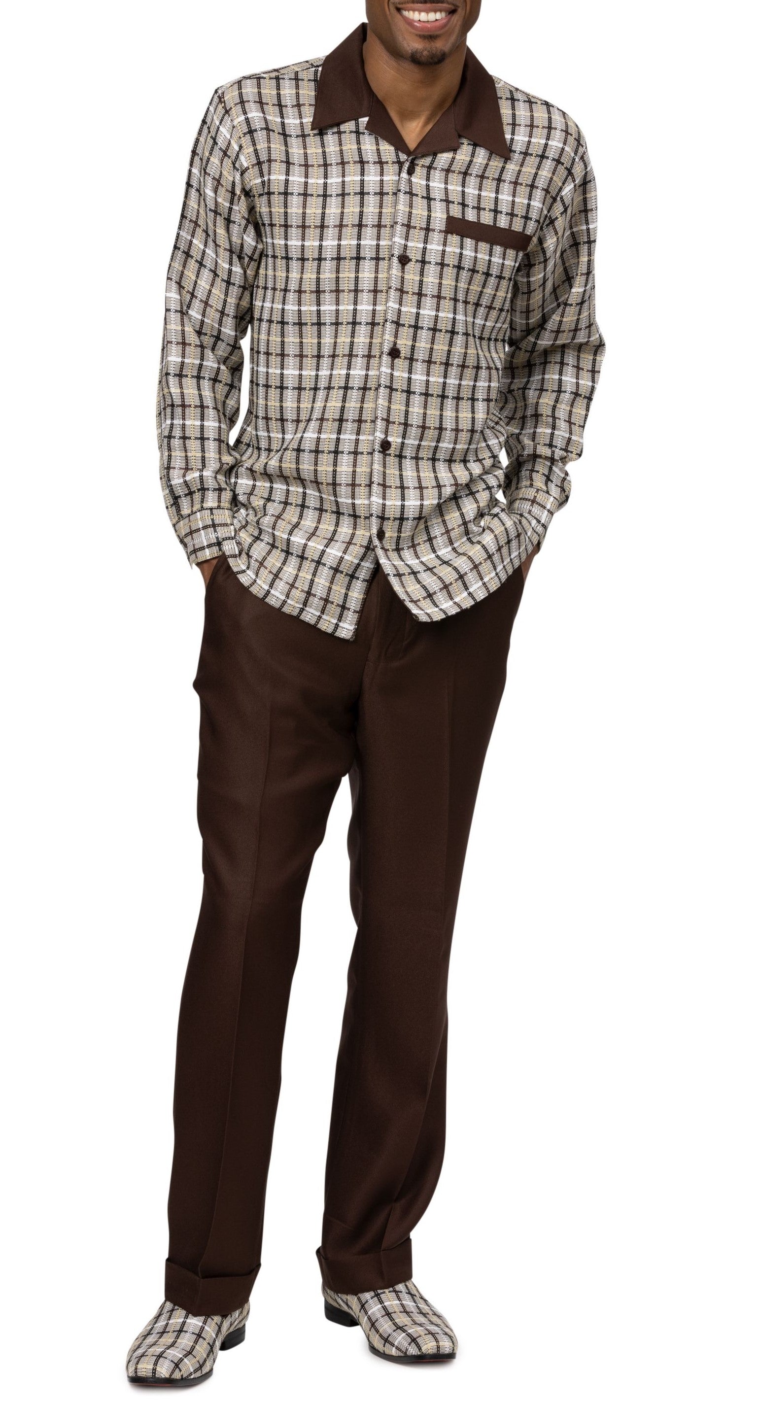 Mens Linen Suit - Mens Collared Button Closure Brown Short Sleeve Shirt Walking Leisure Suit