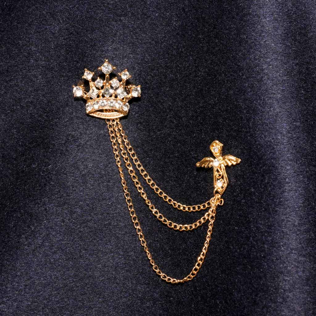 Gold Rhinestone Diamond Double Chain Crown Brooch