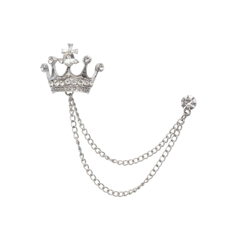 Silver Rhinestone Diamond Double Chain Crown Brooch