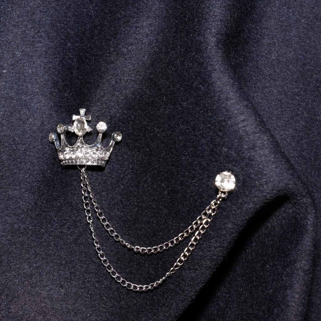 Silver Rhinestone Diamond Double Chain Crown Brooch