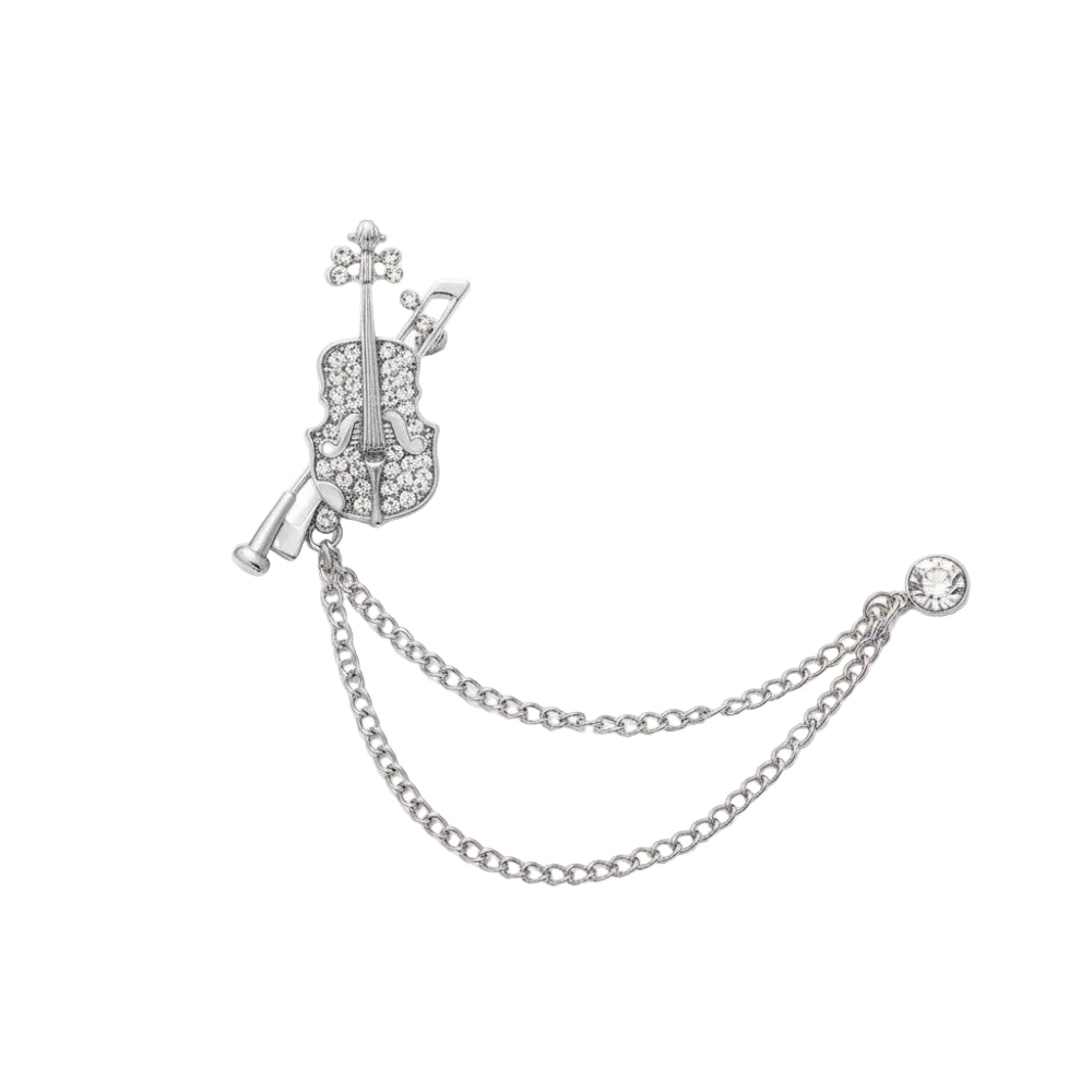 Silver Rhinestone Diamond Double Chain Violin Brooch