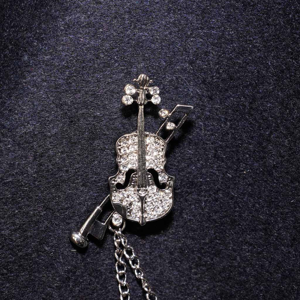 Silver Rhinestone Diamond Double Chain Violin Brooch