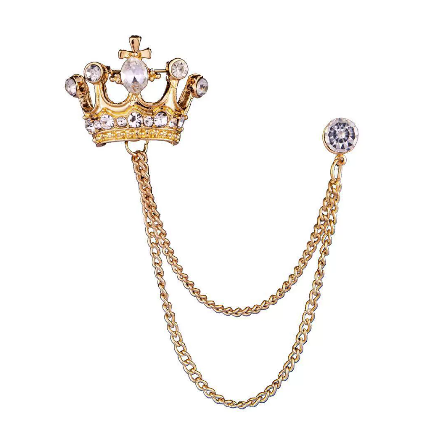 Gold Rhinestone Diamond Double Chain Crown Brooch with Diamond Stud
