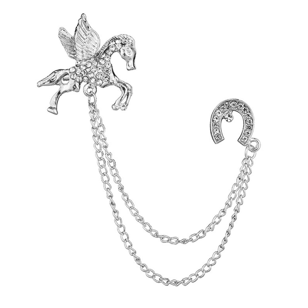 Silver Horse Diamond Rhinestone Horseshoe Double Chain Brooch