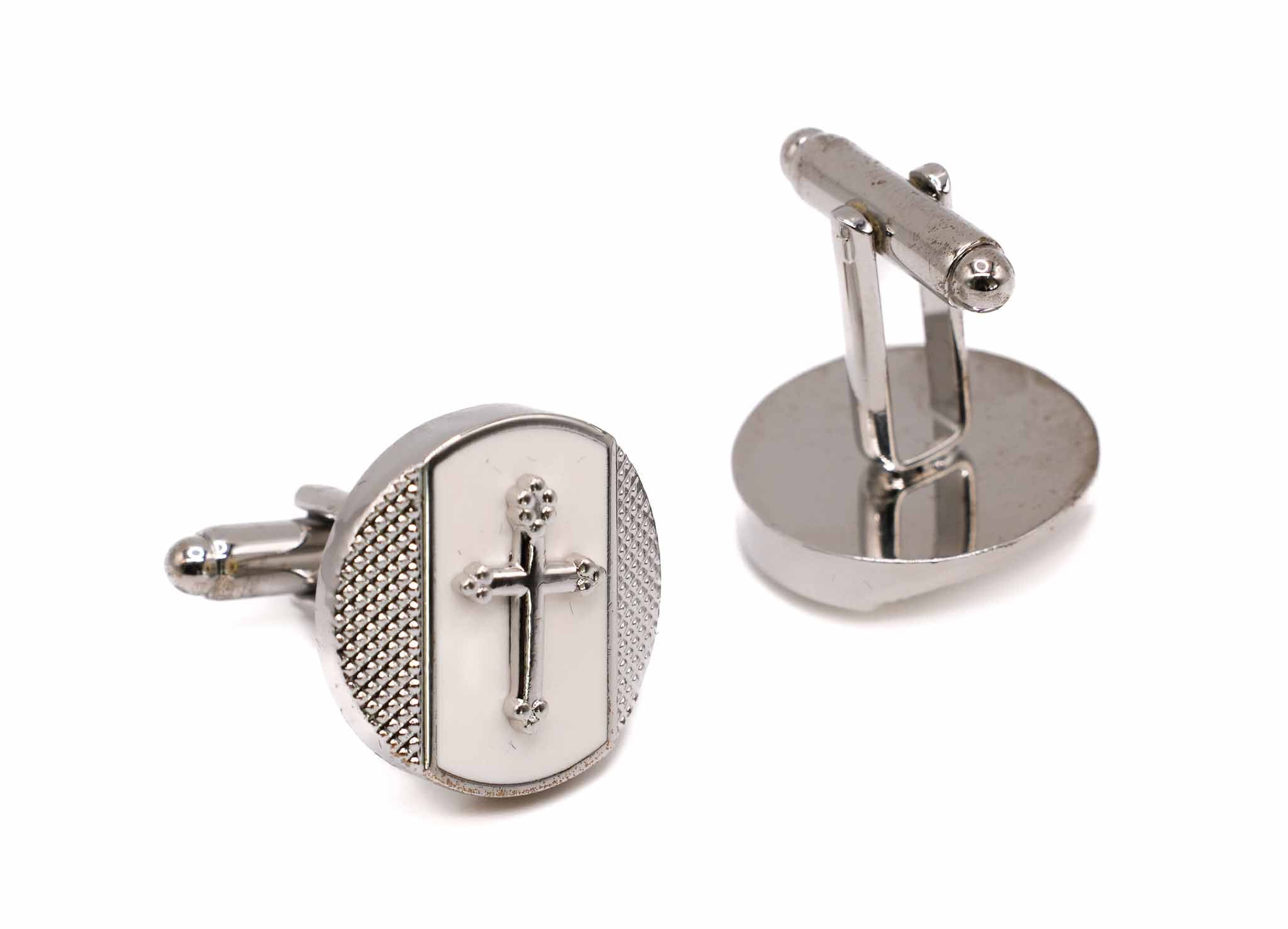Silver Cross on White Round Men's Cuff Links Accessory Box