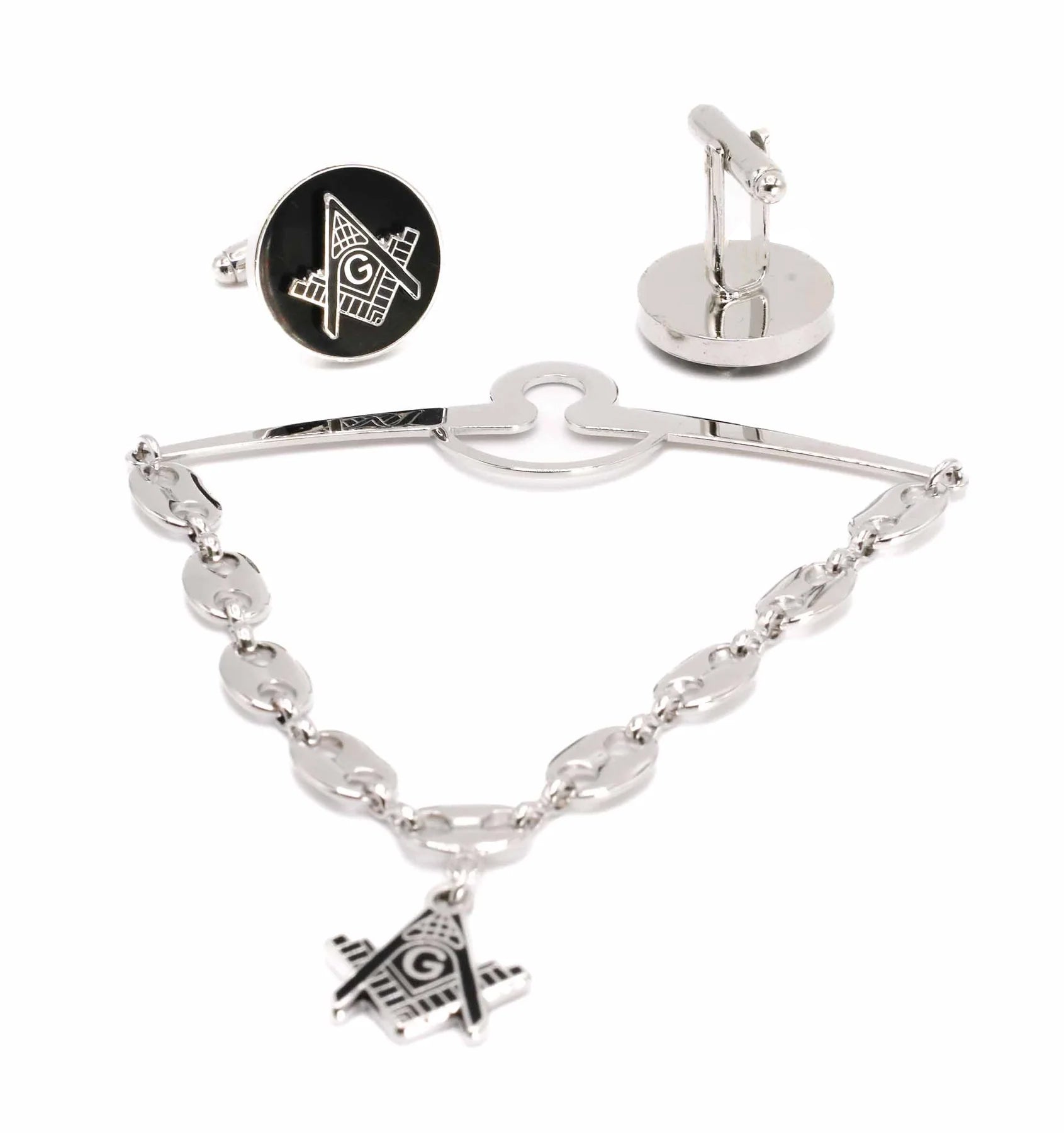 Freemasonry Silver Cross on Black Round Men's Cuff Links and Tie Chain 3 Piece Accessory Box