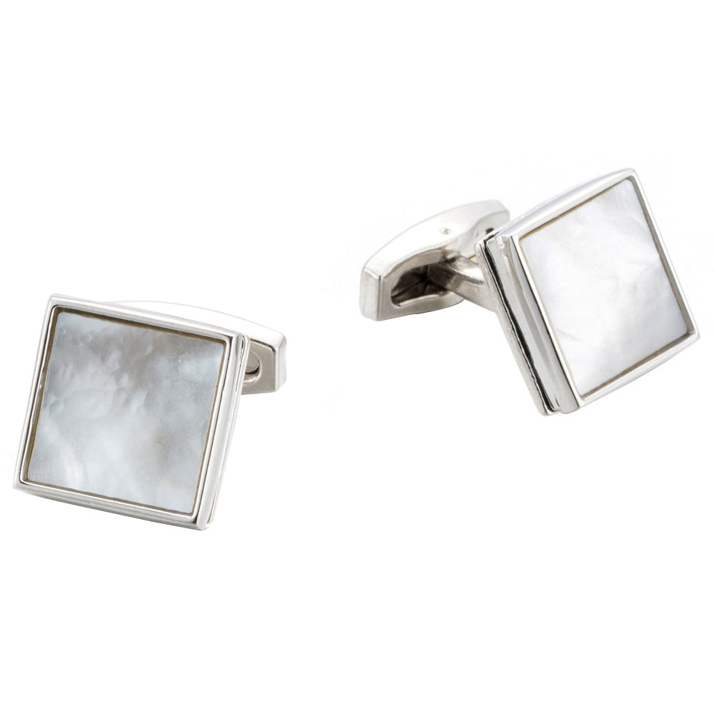 Square Silver White Pearl Cuff Links