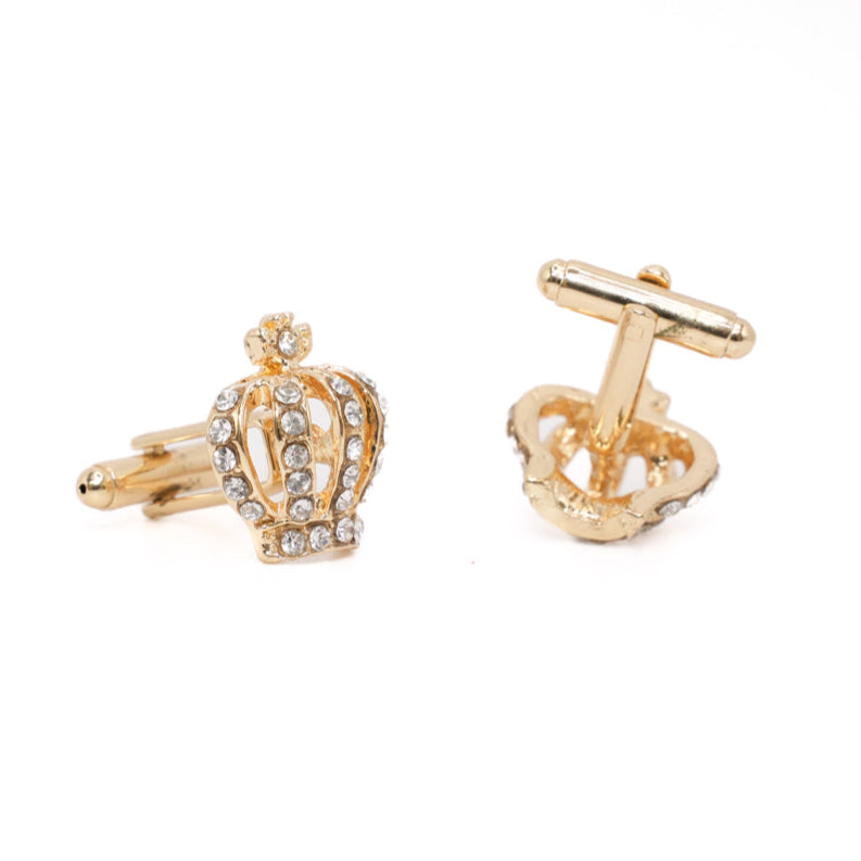 Gold Crown Rhinestone Design Cuff Links